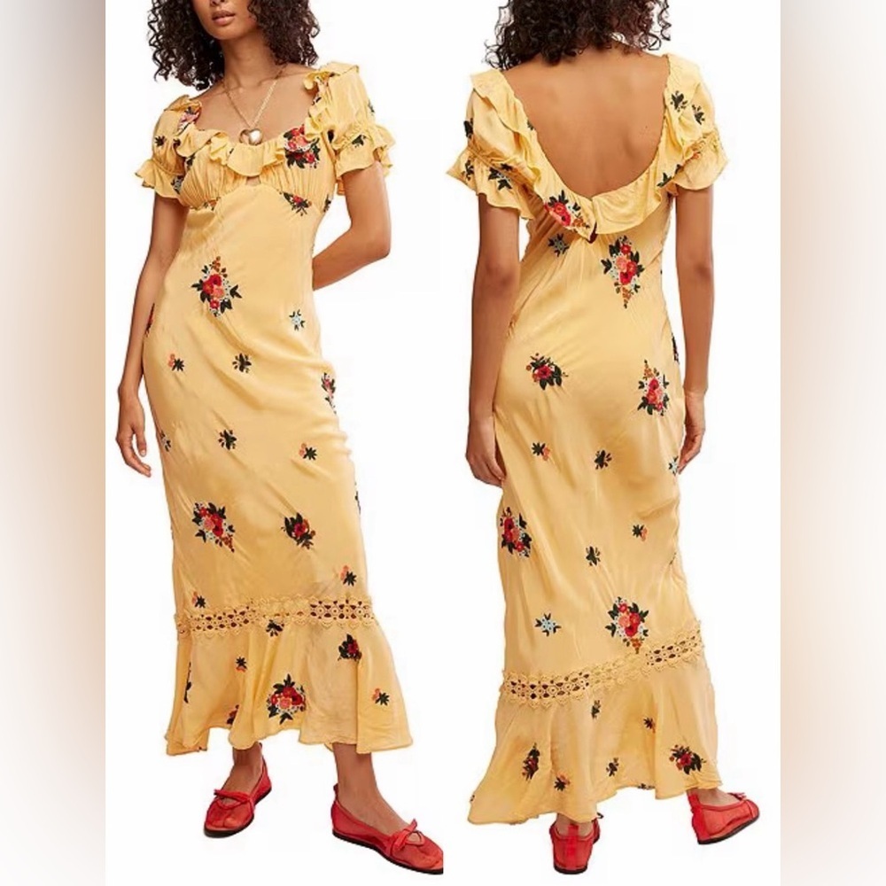 Free People Yellow Floral Ruffle-Trim Midi Dress
